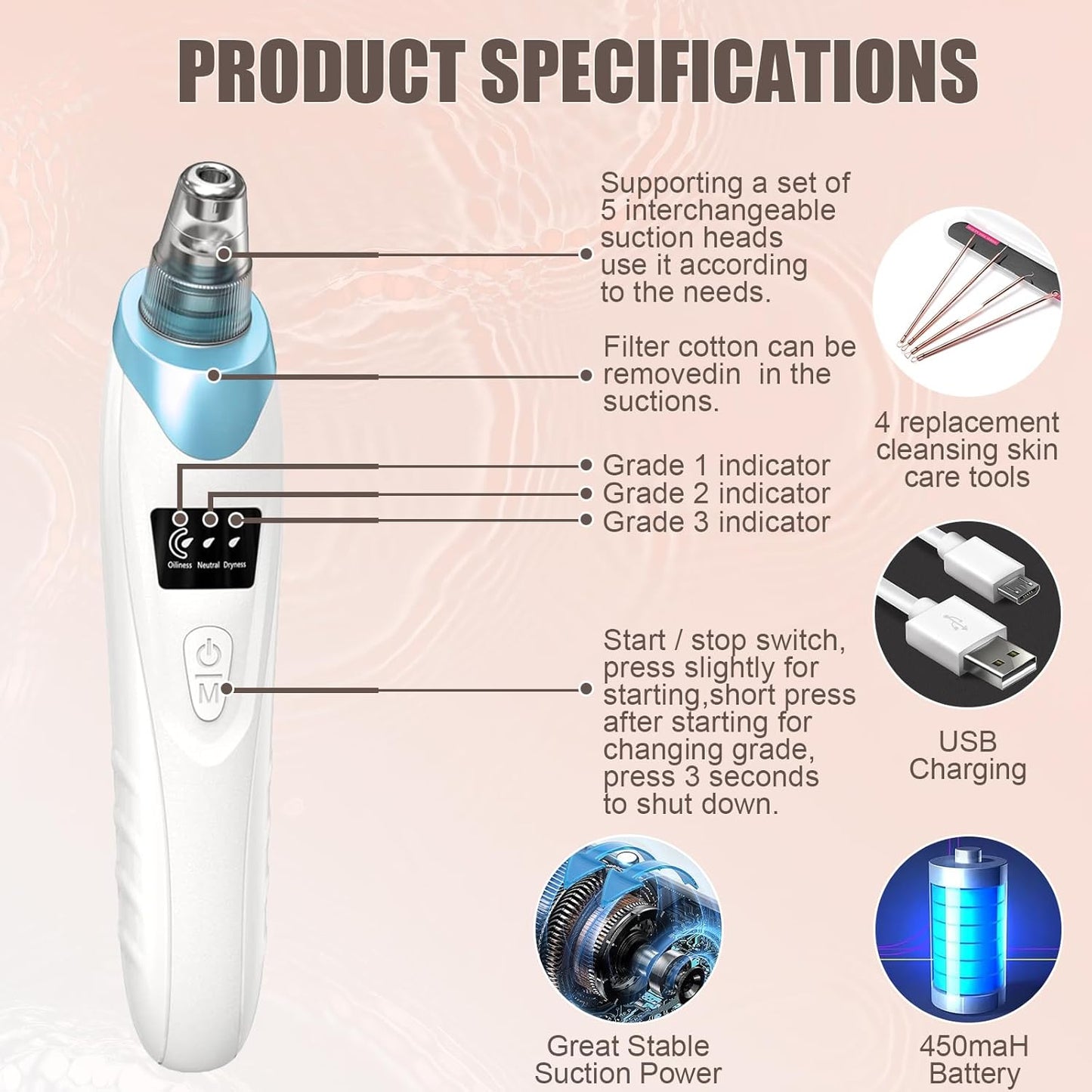 Blackhead Remover Pore Vacuum,Facial Pore Cleaner Blackhead Vacuum (Blue) | 5 Suction Power,5 Probes,Usb Rechargeable Pore Vacuum Tool for Adult