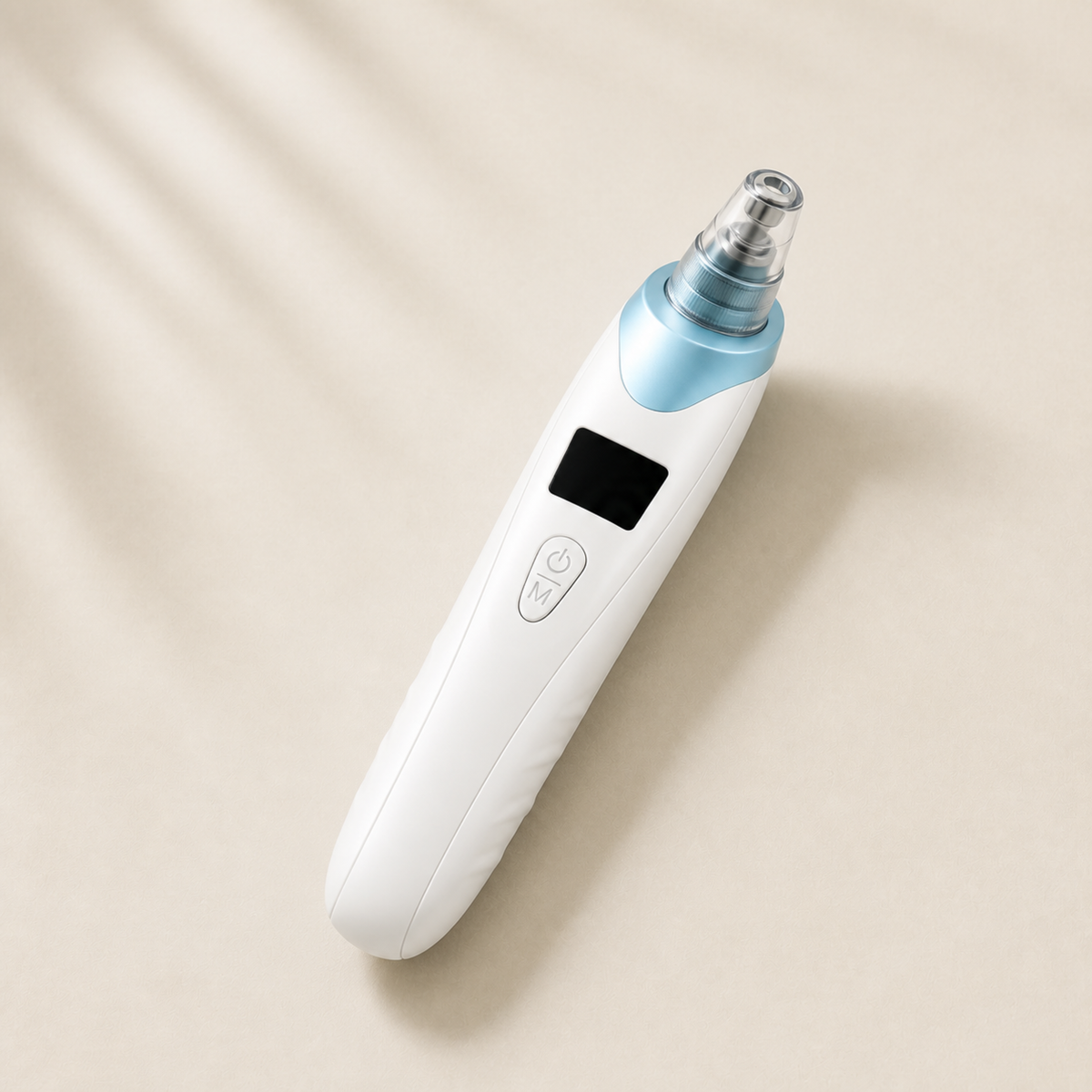 White and blue pore vacuum showing the display and buttons