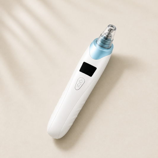 White and blue pore vacuum showing the display and buttons