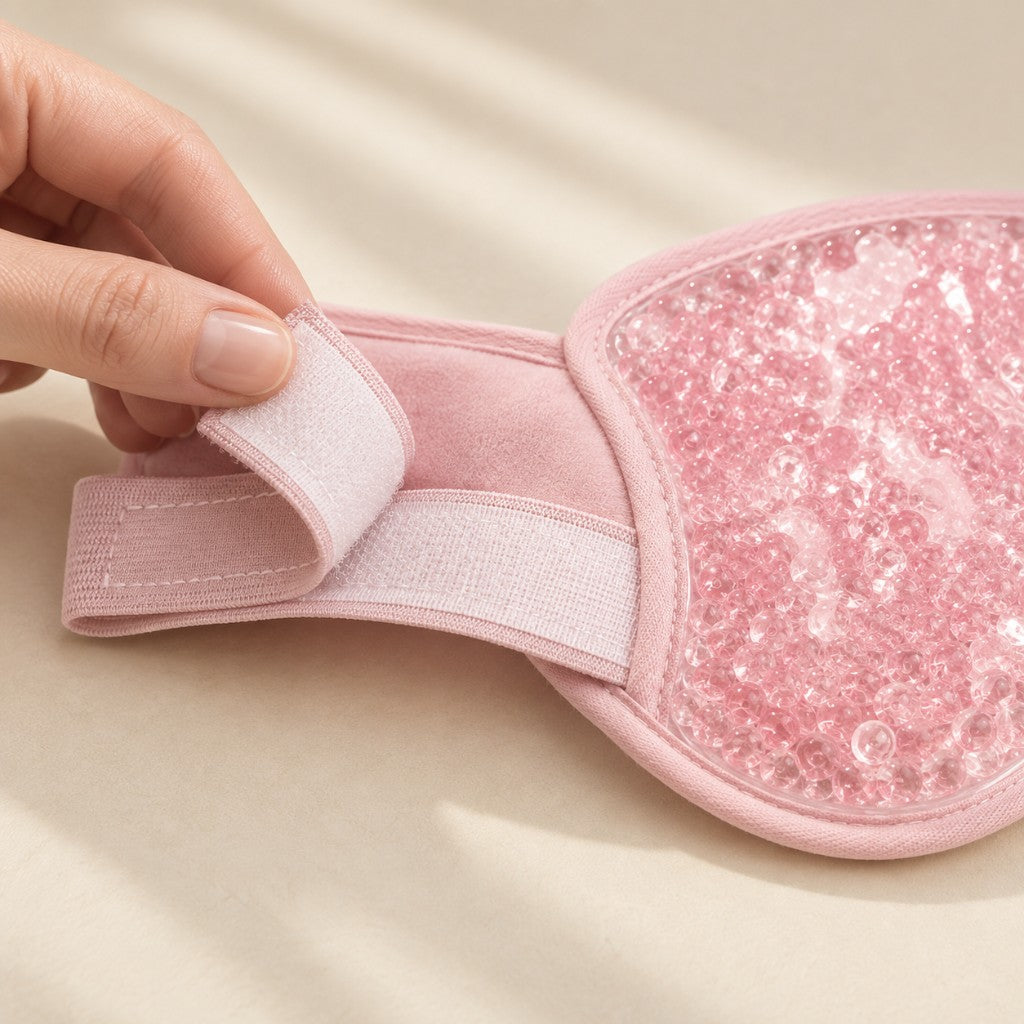 Close-up of the adjustable strap on the pink eye mask