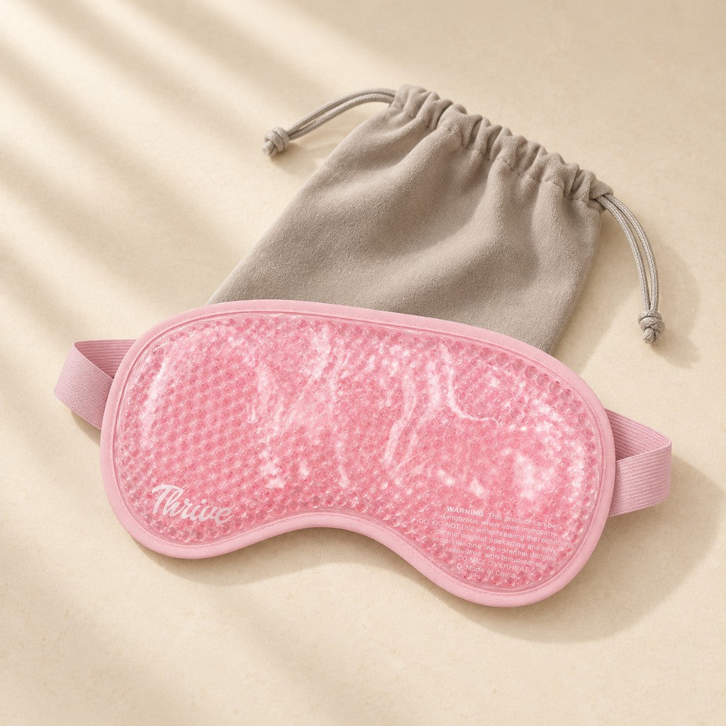 Pink gel bead eye mask with gray drawstring pouch