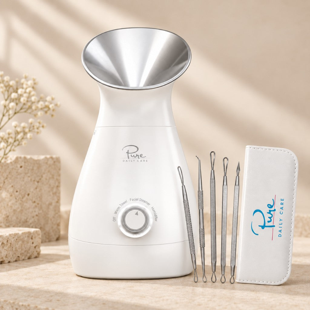 Nano ionic facial steamer with tools and case on a stone surface